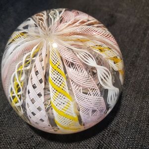 Vintage Murano Latticino Art Glass Paperweight – Pink & Yellow Twisted Ribbon –